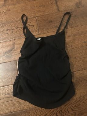 Black Ribbed Spaghetti Strap Tank Top with Side Scrunch/Ruching/Slimming